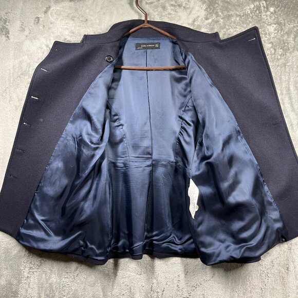 Zara Spain Coat Womens Medium Navy Double Breasted Military Styling Wool Blend - Picture 4 of 9